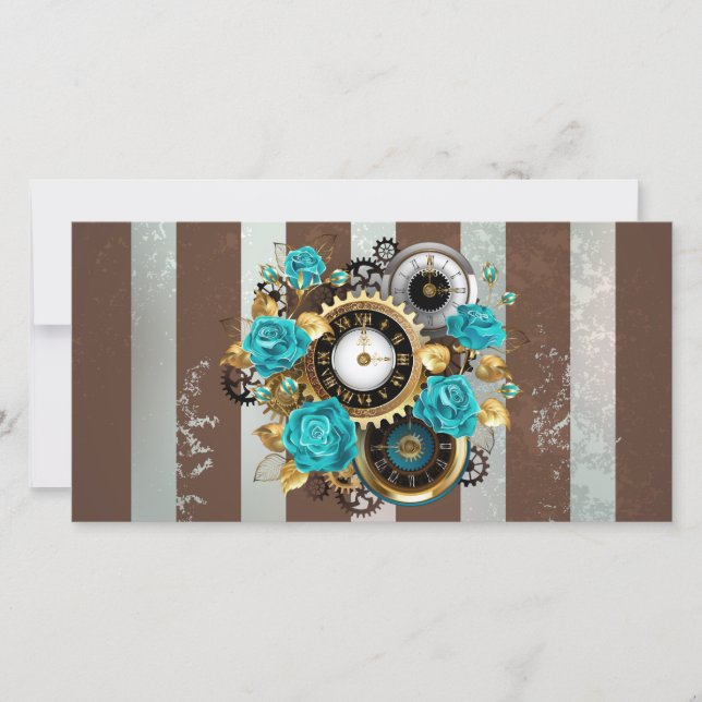 Faire-part Steampunk Clock and Turquoise Roses on Striped (Devant)