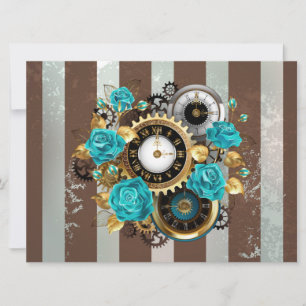 Faire-part Steampunk Clock and Turquoise Roses on Striped