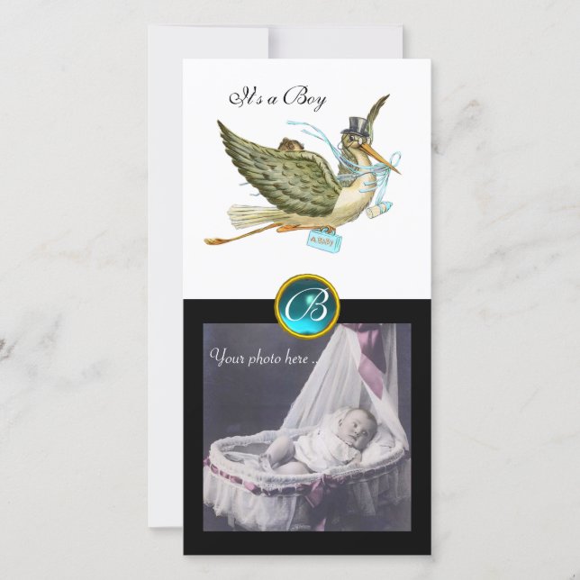 Faire-part STORK BABY SHOWER CARRÉ MONOGRAM aquamarine blanc (Devant)