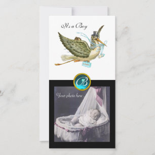 Faire-part STORK BABY SHOWER CARRÉ MONOGRAM aquamarine blanc