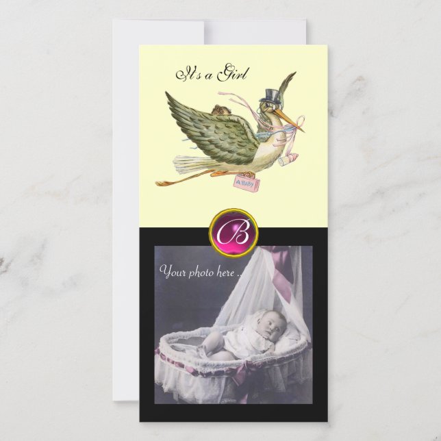 Faire-part STORK BABY SHOWER CARRÉ MONOGRAM crème rubis (Devant)