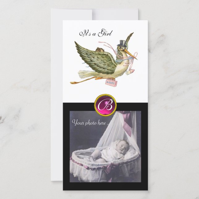 Faire-part STORK BABY SHOWER CARRÉ MONOGRAM ruby blanc (Devant)