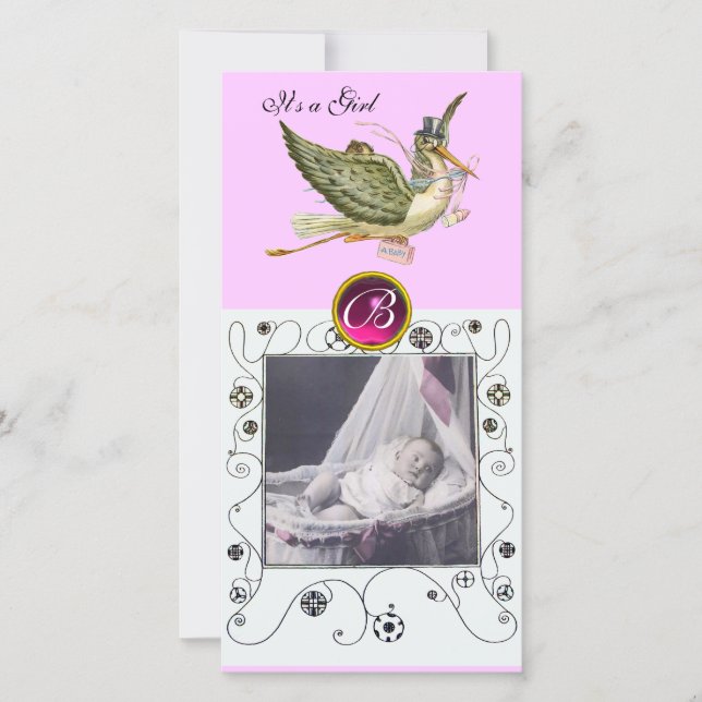 Faire-part STORK BABY SHOWER SWIRLS MONOGRAMME ruby blanc (Devant)