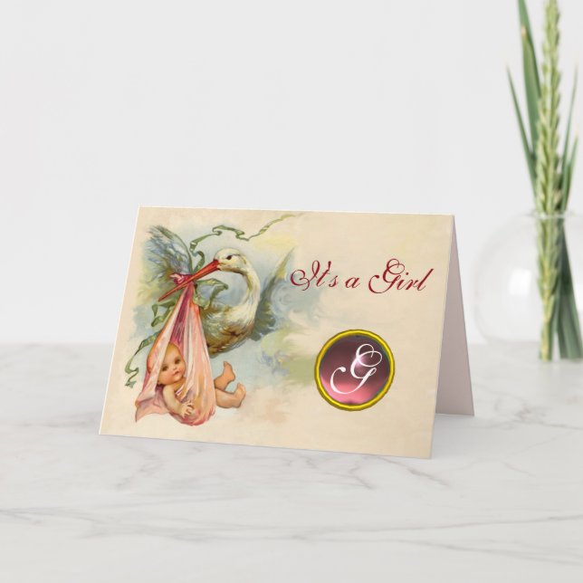 FAIRE-PART STORL BABY SHOWER FILLE ROSE GEM MONOGRAMME (Devant)