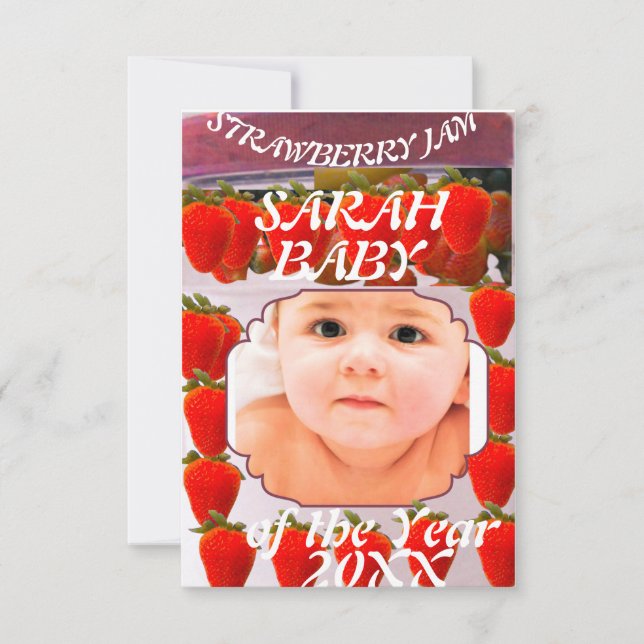 Faire-part Strawberry Jam jar with baby photo design (Devant)