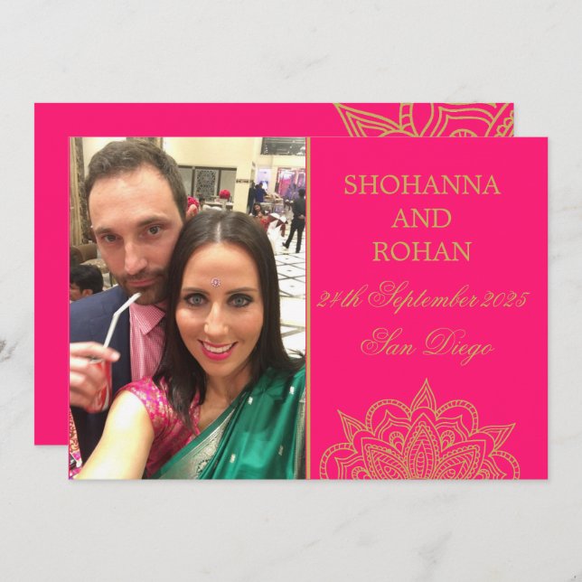 Faire-part Style Indien Gold Rose photo mariage Enregistrer l (Devant / Derrière)