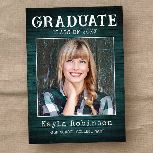 Faire-part Stylish Rustic Country Teal Wood Photo Graduation