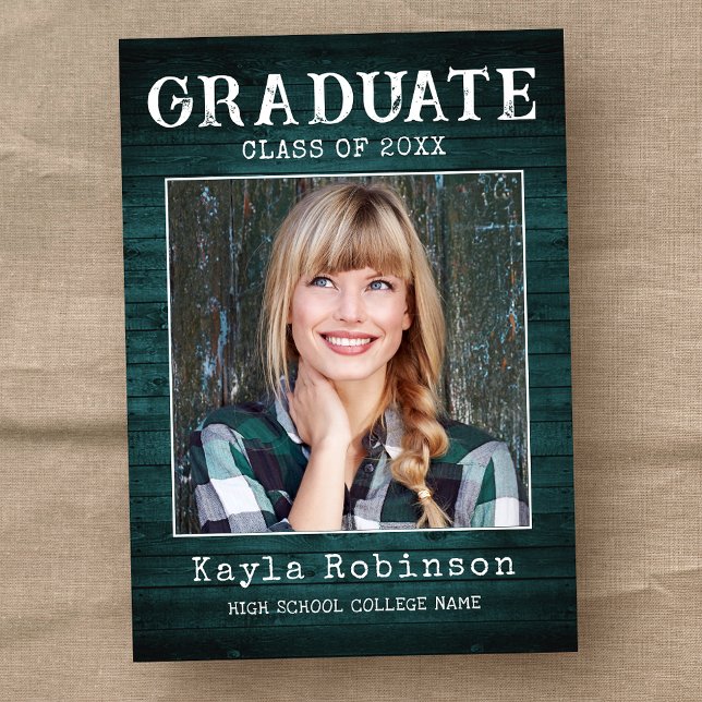 Faire-part Stylish Rustic Country Teal Wood Photo Graduation (Available in print or instant digital download for quick messaging, email or self printing.)