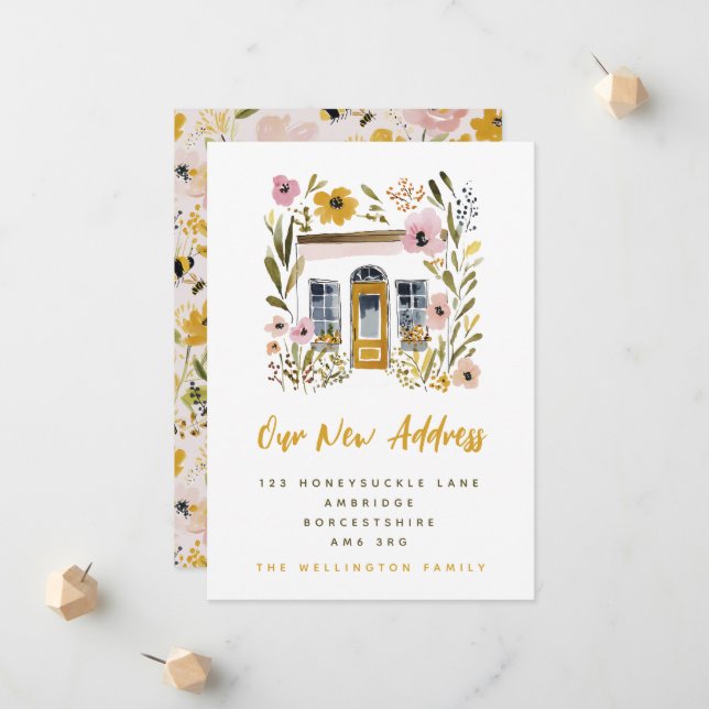 Faire-part Summer Mustard Yellow & Pink Floral House Moving (Devant/Arrière en situation)