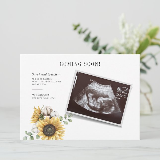Faire-part Sunflower Floral Eucalyptus Sonogramme Révélation  (Debout devant)