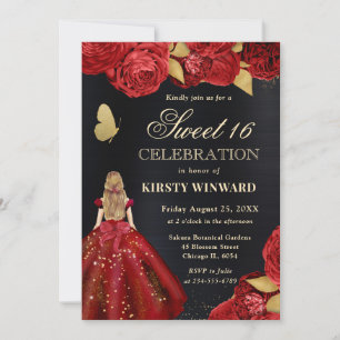 Faire-part Sweet 16 Robe Rouge Femme Blonde Fleurs