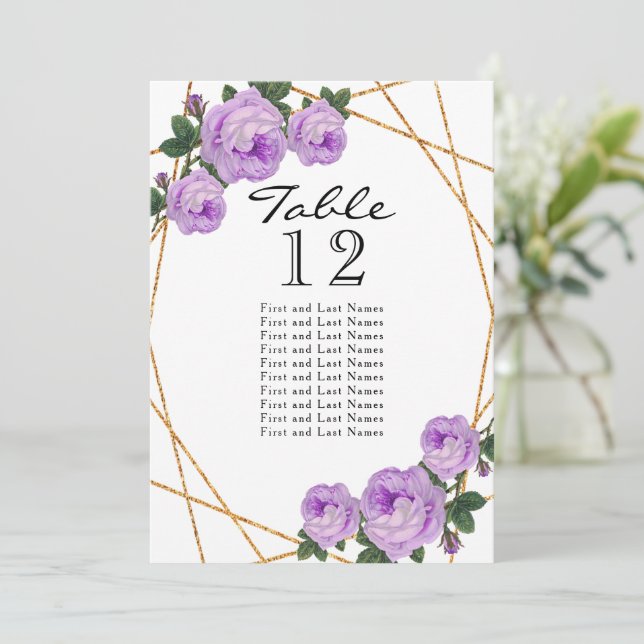 Faire-part Table Géométrique Florale Violet avec Paillettes D (Debout devant)