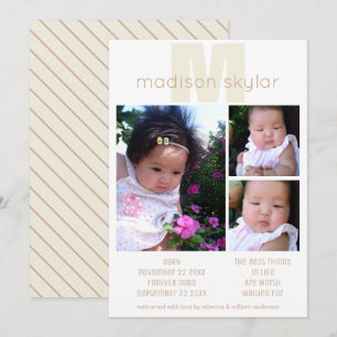 Faire-part Tan Monogram Simple Adoption 3 Photo Collage