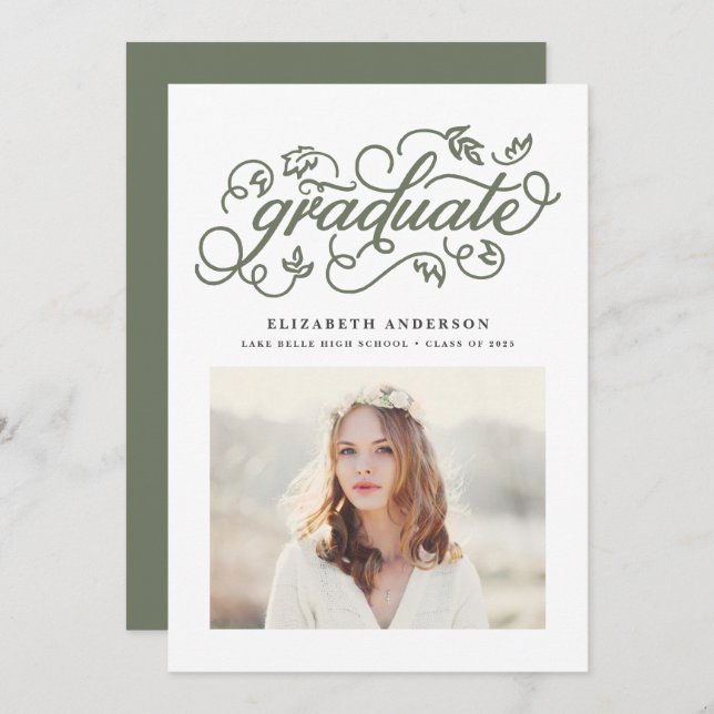 Faire-part Taupe Green Rustic Calligraphie Photo Graduation (Devant / Derrière)