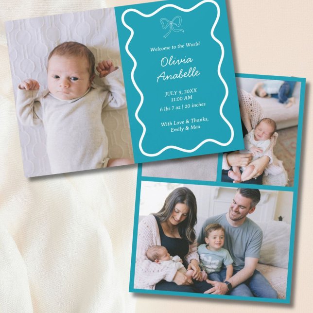 Faire-part Teal personnalisé Bow bleu Wavy Boho Collage bébé  (Custom Teal Blue Bow Wavy Boho Collage Baby Birth Announcement
)