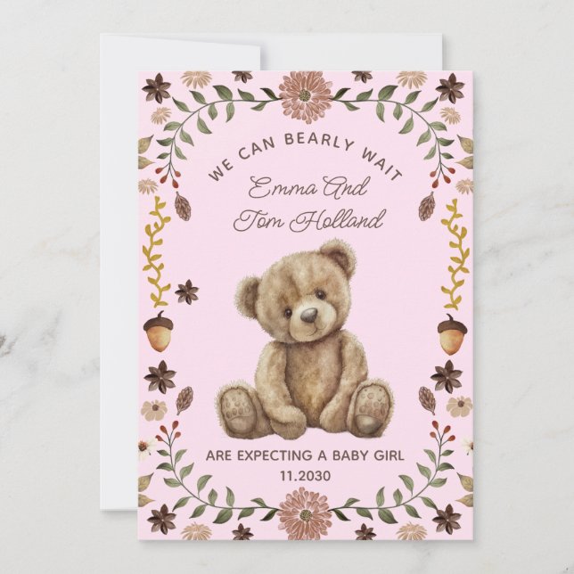 Faire-part Teddy Bear Pregnancy fille rose (Devant)