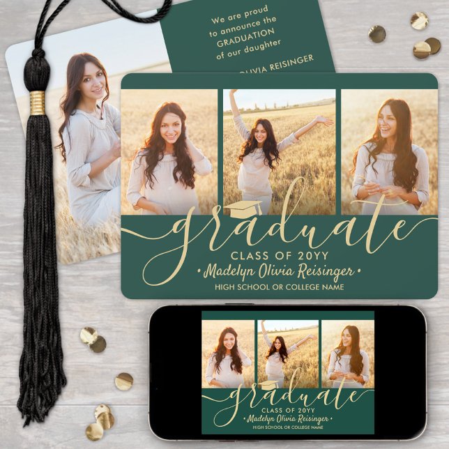 Faire-part Téléchargeable 4 Photo Graduation Vert et Or (Créateur téléchargé)