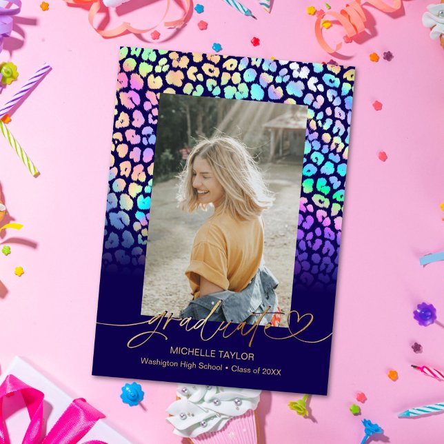Faire-part Tendance Chic Moderne Photo Léopard Diplôme (chic modern leopard safari photo graduation announcement)