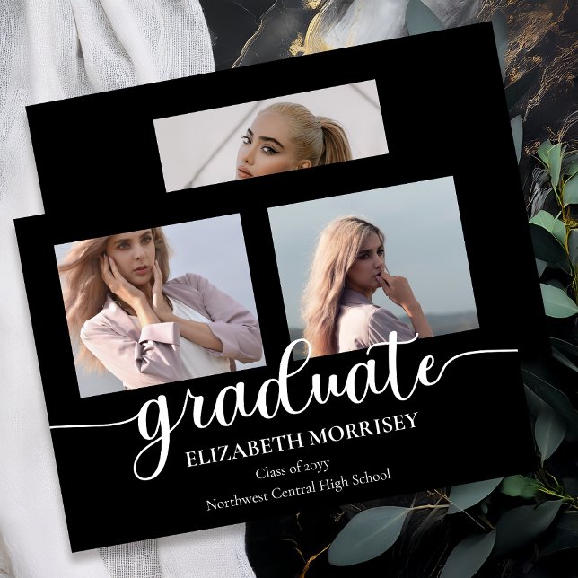 Faire-part Texte de script élégant et chic Graduate 3 Photo (Classy Elegant Script Text Graduate 3 Photo Black | White Graduation Announcement - Print | Digital)