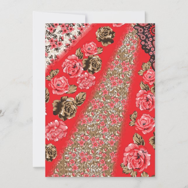 Faire-part Tissu rouge éclatant avec floral complexe et (Devant)