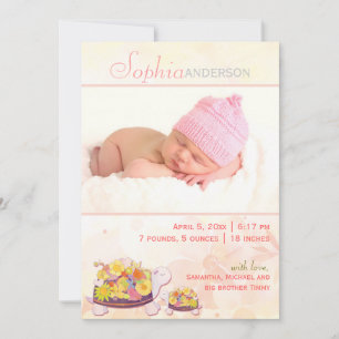 Faire-part Tortue Bébé Fille Photo Naissance