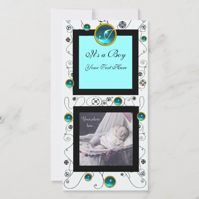 Faire-part TOURBILLONS CHICS GARÇON MONOGRAMME , blanc aquama (Devant)