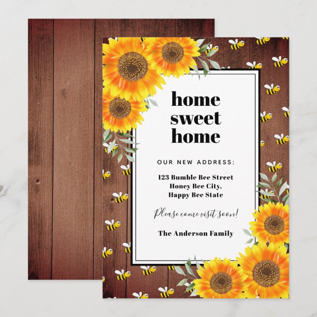 Faire-part Tournesols bourdonnement rustique abeilles nouvell (Devant / Derrière)