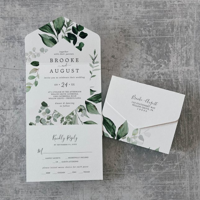 Faire-Part Tout Compris pour Mariage à la Végétati (Emerald Greenery Wedding All In One Invitation)