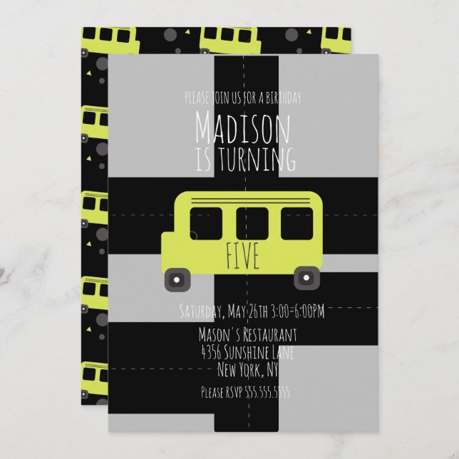Faire-part Transport scolaire Roue Bus fête d'anniversaire (Devant / Derrière)