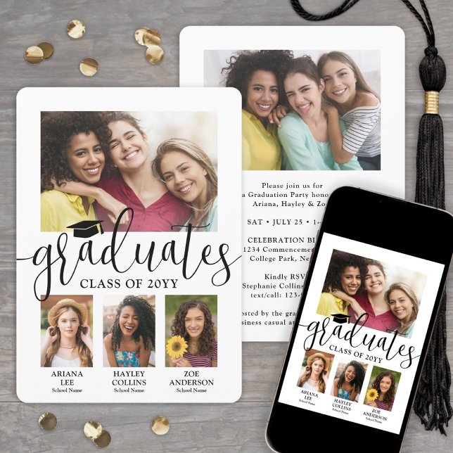 Faire-part Triple Diplôme 3 Diplômés Photo Collage Joint (Créateur téléchargé)