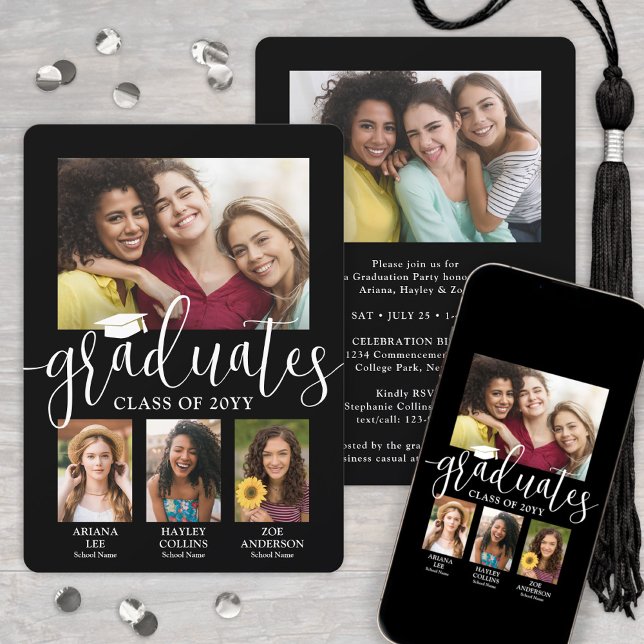 Faire-part Triple Graduation Photo Collage Black White Joint (Créateur téléchargé)