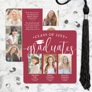 Faire-part Triple Graduation Photo Collage joint rouge et bla