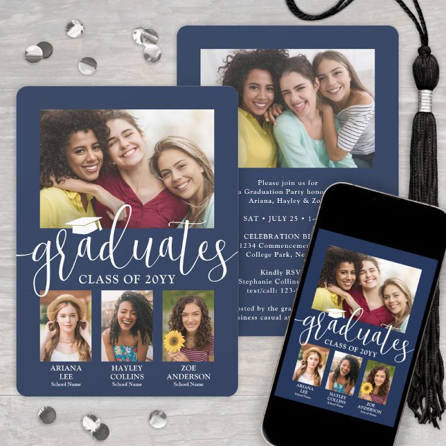 Faire-part Triple Graduation Photo Collage Marine & White Joi (Créateur téléchargé)