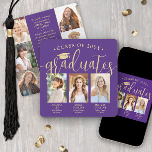 Faire-part Triple Graduation Photo Collage Purple Gold Joint