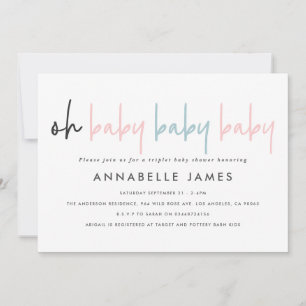 Faire-part Triplet baby shower rose bleu moderne typographie 