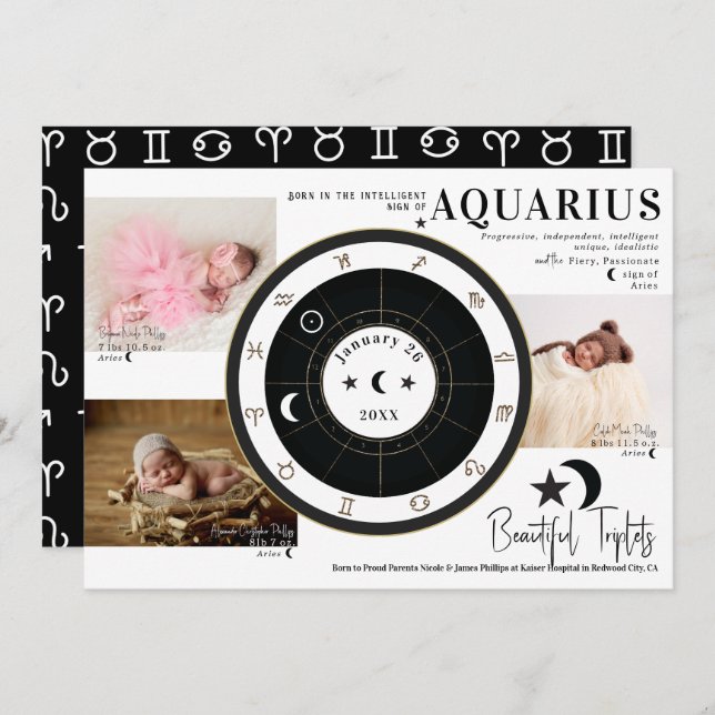 Faire-part triplet d'astrologie Sun Moon personnal (Devant / Derrière)