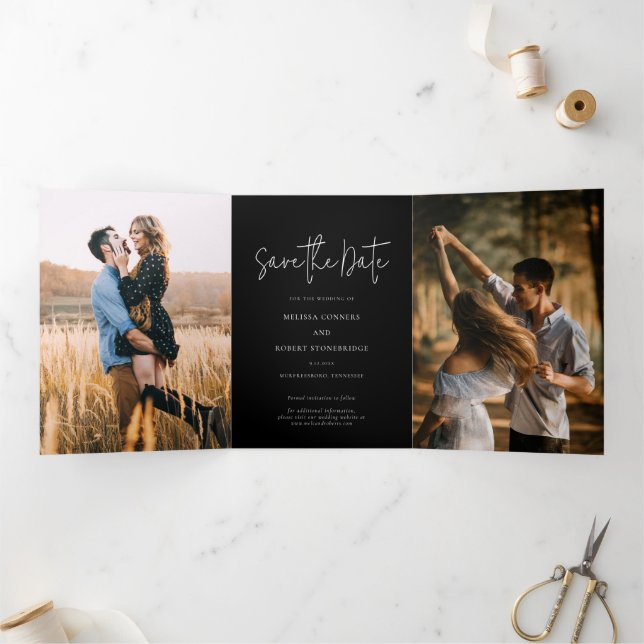 Faire-part Trois Volets 3 Photo Script Wedding Enregistrer La Date (Intérieur)