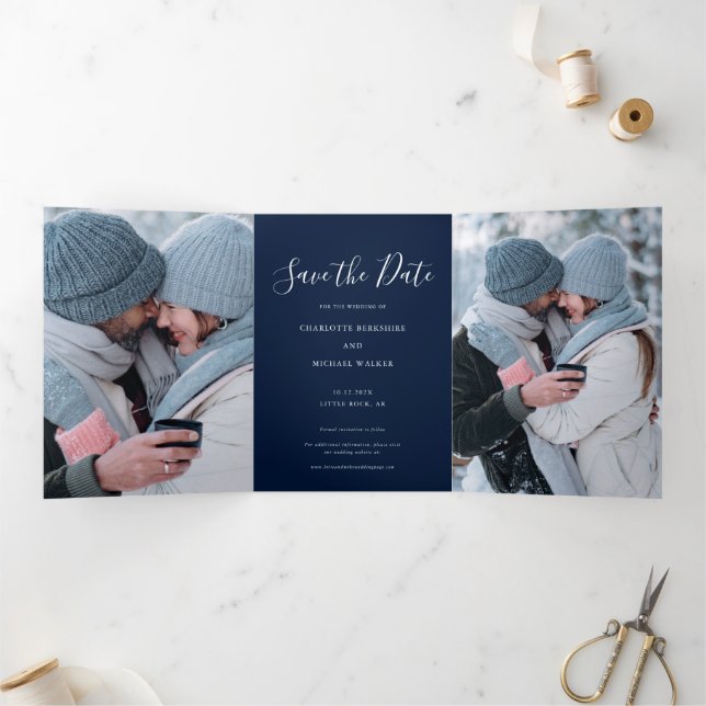 Faire-part Trois Volets 3 Photos Script Wedding Save the Date (Intérieur)