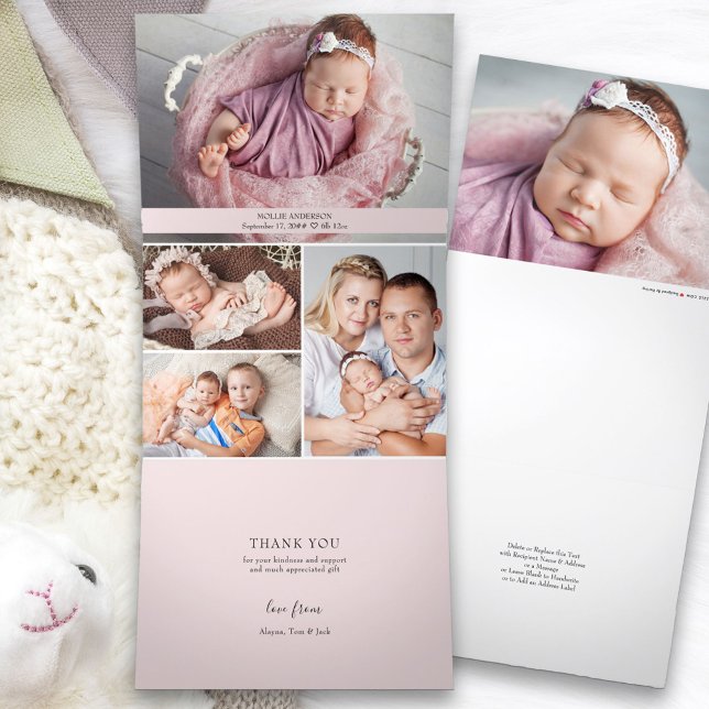 Faire-part Trois Volets All in One Merci and Birth 5 Girl Baby Photo (Multi Photo Baby Birth Announcement and Thank You card on all-in-one trifold design.)
