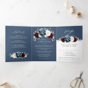Faire-part Trois Volets Ardoise bleu Bourgogne blanc ivoire Mariage floral