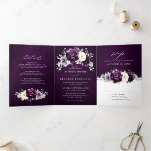 Faire-part Trois Volets Aubergine Violet Prune Ivoire Blanc Fleurs Mariage