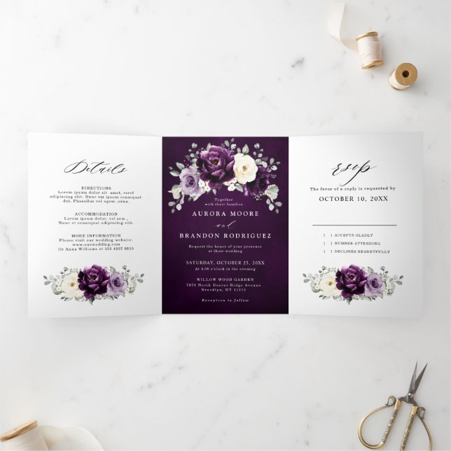 Faire-part Trois Volets Aubergine Violet Prune Ivoire Blanc Floral Mariage (Intérieur)