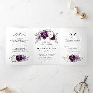 Faire-part Trois Volets Aubergine Violet Prune Ivoire Blanc Floral Mariage