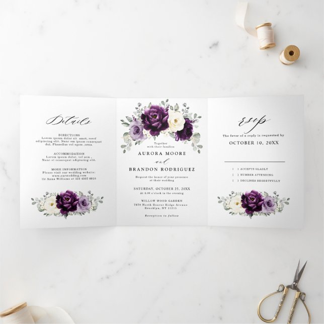 Faire-part Trois Volets Aubergine Violet Prune Ivoire Blanc Floral Mariage (Intérieur)