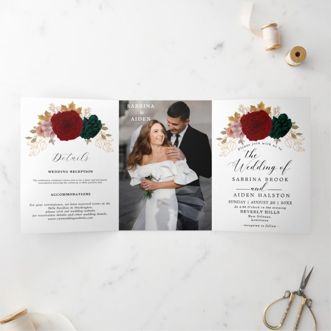 Faire-part Trois Volets Autumanal Gold Burgundy Emerald Greeny Mariage (Intérieur)