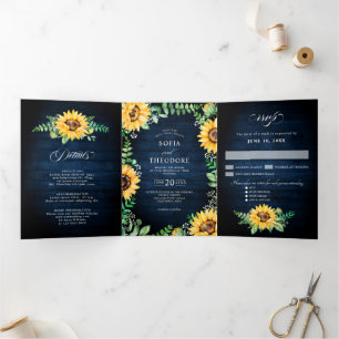 Faire-part Trois Volets Bébé souffle Tournesol Bleu marine Floral Mariage