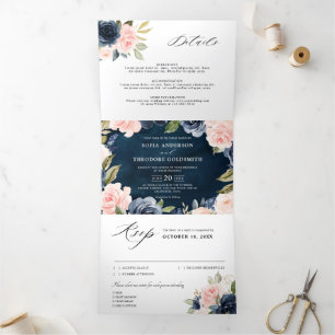 Faire-part Trois Volets Bleu Nuit Poussiéreux Rose Floral Mariage Tri-Fol