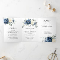Bleu Poussiéreux Champagne Ivoire Floral  Tri-Pli 