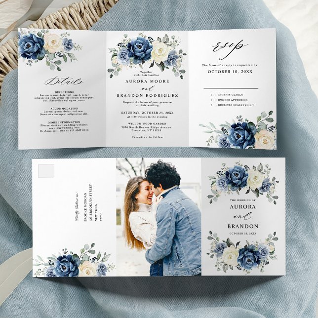 Faire-part Trois Volets Bleu poussiéreux Champagne Navy Ivoire Floral  (Dusty Blue Navy Champagne Ivory Floral Tri-Fold Wedding All in one invitation | Announcement)