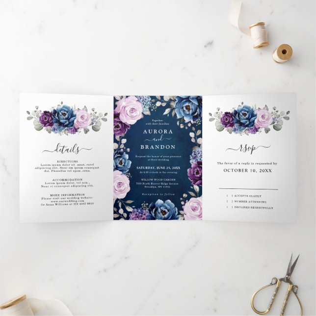 Faire-part Trois Volets Bleu poussiéreux Violet Navy Lilac Fleurs Mariage  (Intérieur)